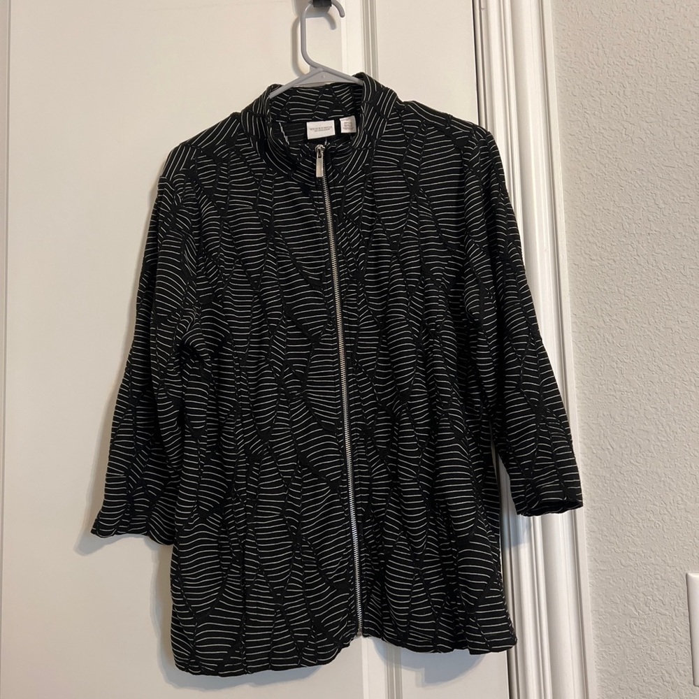 Weekends By Chicos Black and White Striped Zipper Jacket Womens Size Large